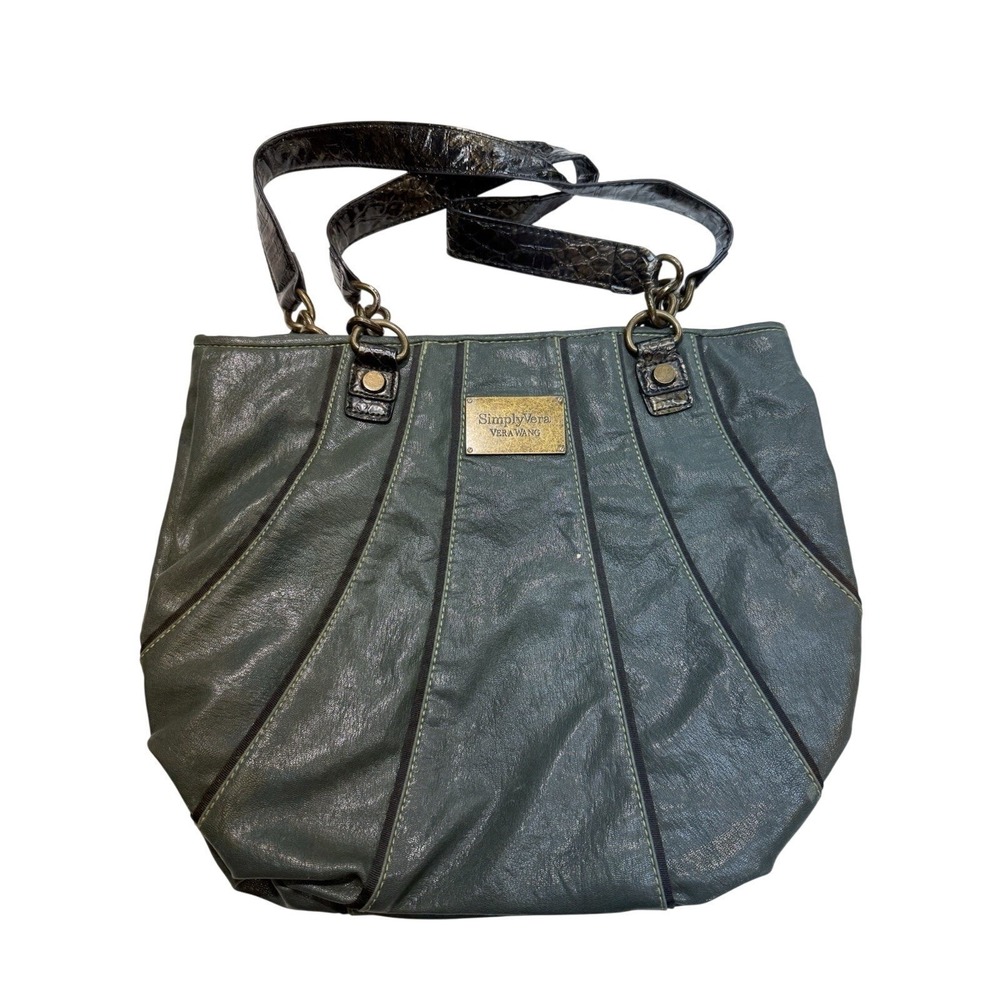 Simply Vera Vera Wang Olive Green‎ Faux Leather Shoulder Bag Bronze Trim Tote